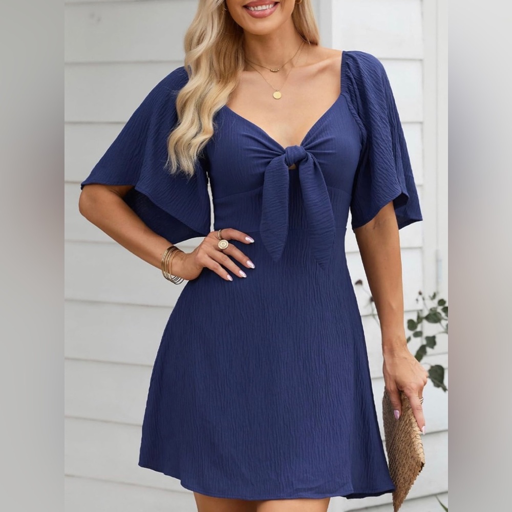 NWT Womens Dresses 2024 Spring Summer Deep V Neck Elegant Bow tie Mini Dress